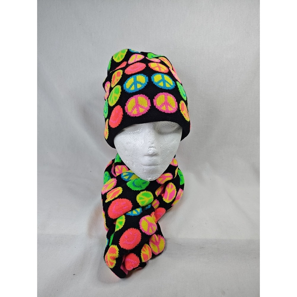 Toby NYC Neon Bright Rainbow Color Peace Sign Girls Ladies Fun Beanie And Scarf